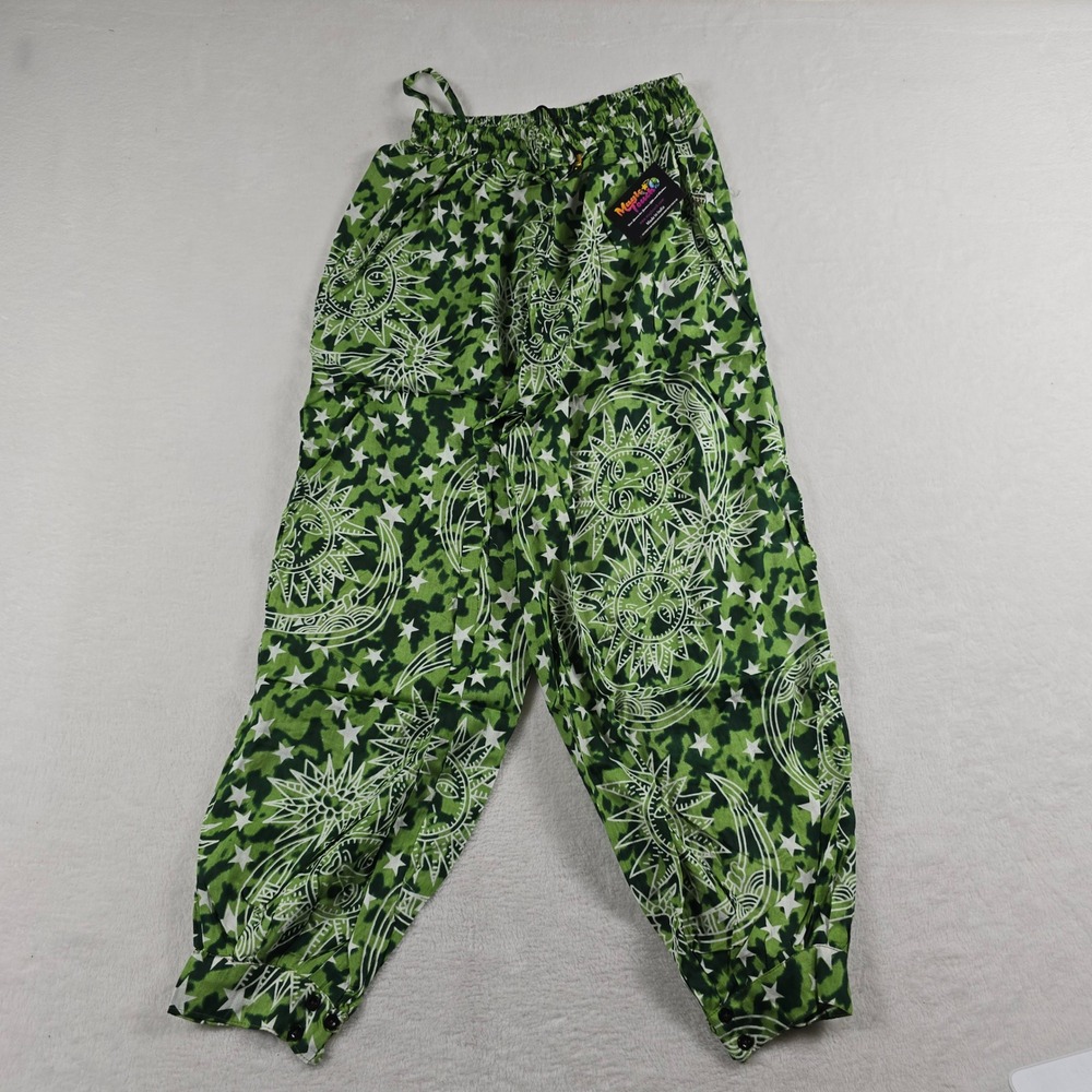 Magic Touch Green Celestial Sun Moon Stars Harem Pants Boho Festival Women OS